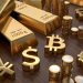 3D rendered illustration of gold bars and golden currency symbols. Stock exchange and banking concept.