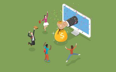 Online income flat isometric vector concept. Online income flat isometric vector concept. Big hand is appeared from the monitor and giving a money bag to the rejoicing people.