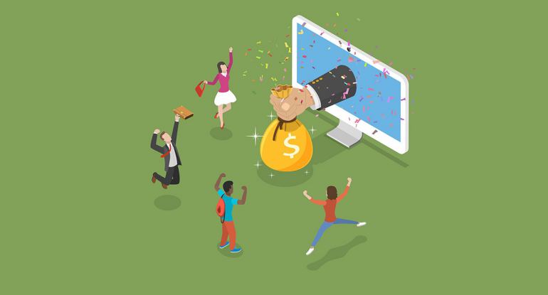 Online income flat isometric vector concept. Big hand is appeared from the monitor and giving a money bag to the rejoicing people.
